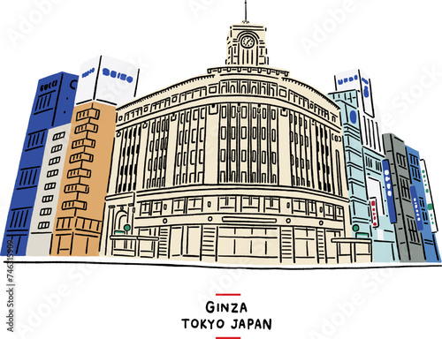 Ginza Tokyo shopping district Department stores Street Landmark Japan Hand drawn sketch colour illustration