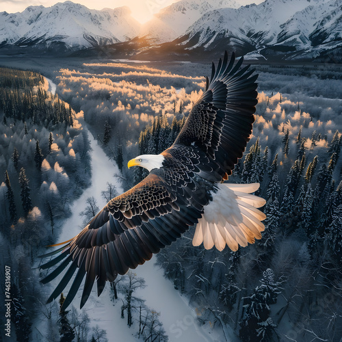 Bald Eagle soaring over snowy trees and mountains 