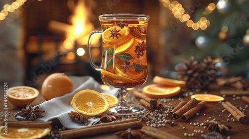 Mulled wine with slice of orange and spices on the table. A glass of mulled wine. Generative AI.