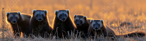 Wolverine family walking towards the camera in the forest with setting sun. Group of wild animals in nature. Horizontal, banner.