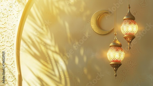 oriental colored lantern Ramadan and Crescent moon in border islamic, With White and gold color background.