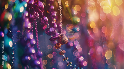 Mardi Gras Magic: Colorful Beads with Vibrant Bokeh Accents, generative AI