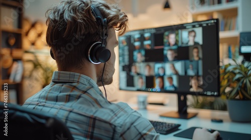 Young sales rep at his computer having a zoom call with a client. Generative AI.