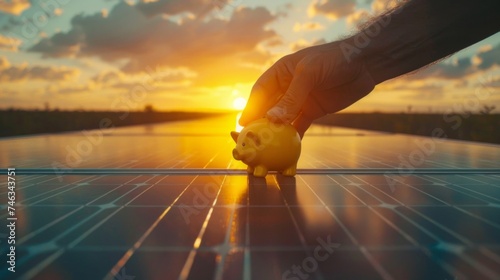 Hand placing a piggy bank on a solar panel at sunset, symbolizing investment in renewable energy savings.