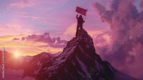 Silhouette of a climber with a flag on a mountain peak at sunset, conveying triumph and adventure.