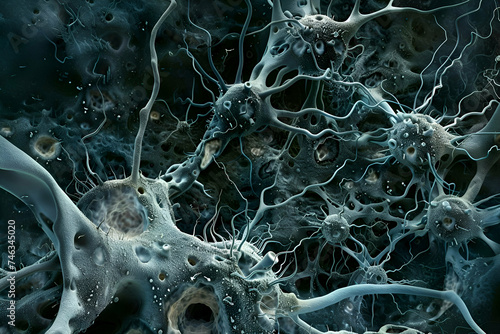 Illustration of MS lesions on the brain captured through an ultra-detailed hype realistic MRI image showcasing the scattered plaques with an eerie beauty.