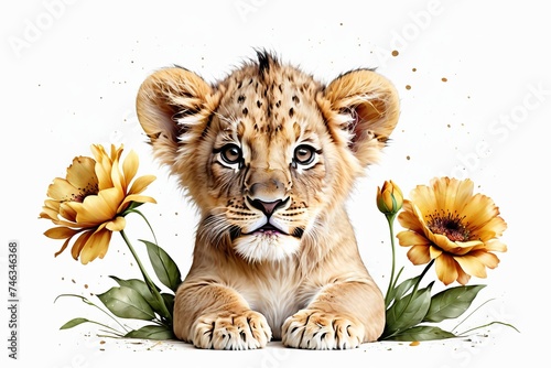 Lion cub with flower, Baby Animal, nursery art style, baby shower greeting card