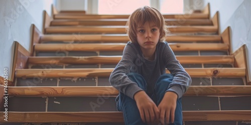 schoolboy boy sitting on the steps bullying Generative AI