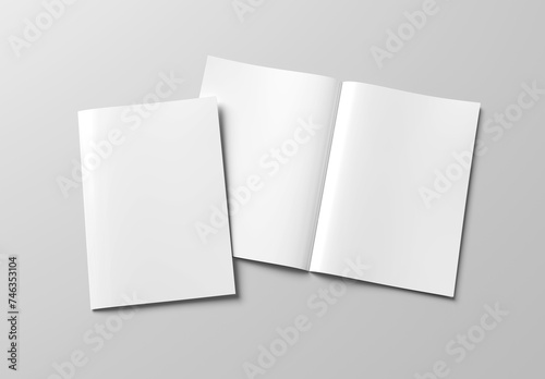 Magazine cover and open magazine mockup on white background. Empty brochure template on blank. 3D rendering