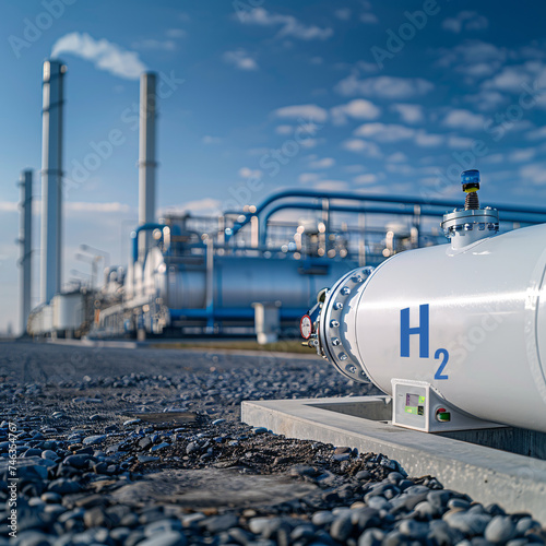 Close up of an industrial H2 fuel storage tank with a hydrogen power plant background symbolizing the transition to net zero emissions by 2050