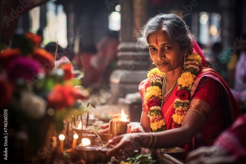 Hindu woman priest in her 40s offering flowers to the deities in a colorful Indian temple