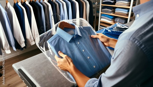 Close-up of a person's hand carefully selecting a neatly ironed, bright blue shirt,wrapped in a transparent cloth cover, with a row of similarly prepared shirts hanging in the background. AI generated