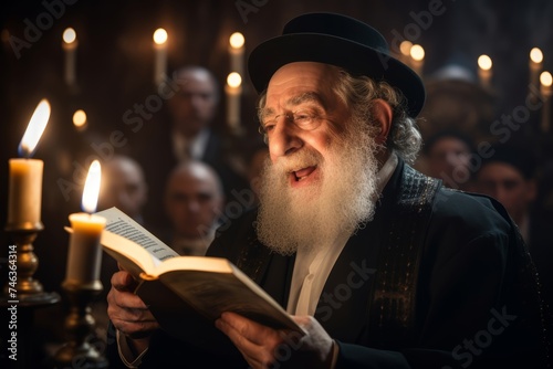 Elderly Jewish rabbi in his 60s reading from the Torah during Sabbath in a bustling New York synagogue
