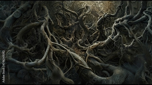 Tangled roots and branches . Wild, gnarled, forest floor, tangled undergrowth, twisted, interconnected, tangled mess, earthy, tangled roots, chaotic, natural, intertwined. Generated by AI.