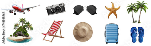 Tropical summer objects vacation concept, Airplane, camera, sunglasses, starfish, palm tree, island, beach chair, hat, suitcase, sandals, isolated on white and transparent background