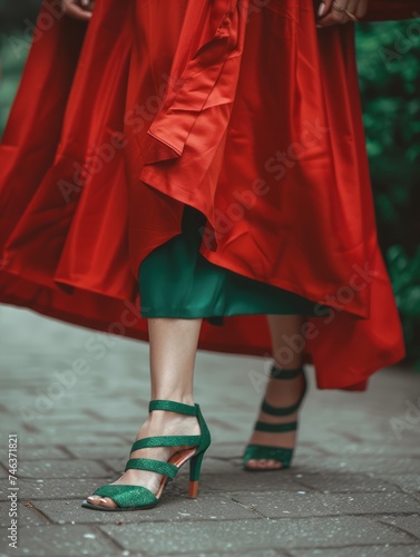Elegant Woman in Flowing Red Dress and Green High Heels on a Nature Path