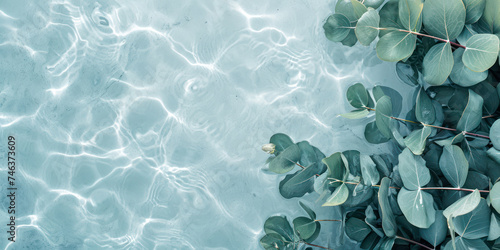 eucalyptus plant leaves in water, beauty spa wellness skincare product background banner with copy space