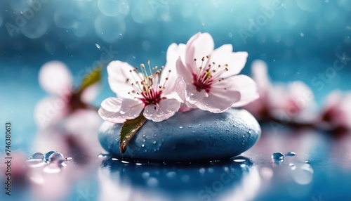Serene cherry blossoms on pebble with water droplets