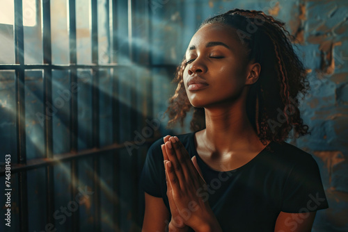 African American woman prays to god on dark prison. Cinematic effect