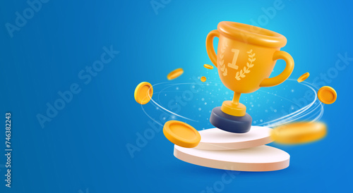 Champion cup on podium 3d vector illustration. Win prize, first place sport competition. Cartoon trophy cup on pedestal with flying coins on blue background.