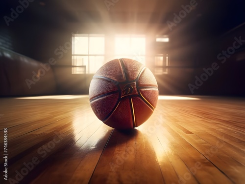 Competitive basketball game under spotlight on hardwood flooring generated by AI 