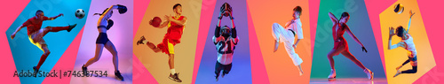 Banner. Collage of football, boxing, martial arts, volleyball and ski athletics in neon light against multicolored studio background. Concept of sport, motion, action, active lifestyle, achievements.