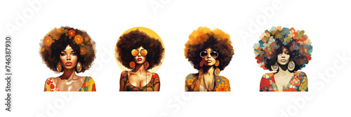 African-American woman with an afro hairstyle watercolor set. Vector illustration design.