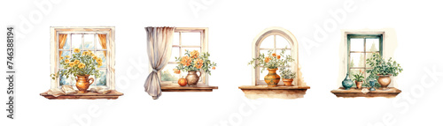 Window of a house with a flower pot on the windowsill watercolor set. Vector illustration design.