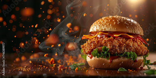 Fried chicken burger with flying ingredients and spices hot, food commercial advertisement menu banner.
