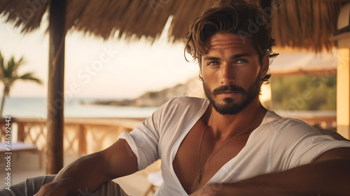 Handsome Latino man with model looks, relaxing on the beach in a private Ibiza villa.