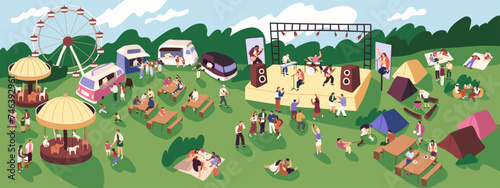 Funfair with food trucks, picnic tables panorama. People camping during open air music festival. Crowd fun on attractions, carrousel, ferris wheel. Musicians perform on satge. Flat vector illustration