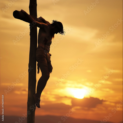 Jesus Christ crucyfied wearing crown of thorns Passion and Resurection. Good Friday. Generative AI