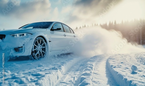 White sport car drifting on snow. Modern car in high speed race on ice. copy space fot your text.