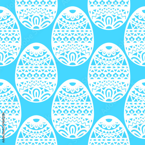 White silhouettes of decorative Easter eggs in a flat style on white background. Seamless background for fabrics, textiles, packaging and wallpaper. Vector illustration