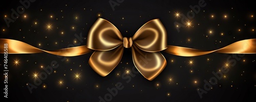 Decorative golden bow isolated on black background. Shiny gold satin ribbon. Wrapping element for Christmas gift, Valentine's, Father's and Women's day, birthday and party. Black friday