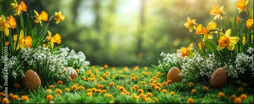 décor de Pâques au format panoramique, gazon, fleurs et œufs