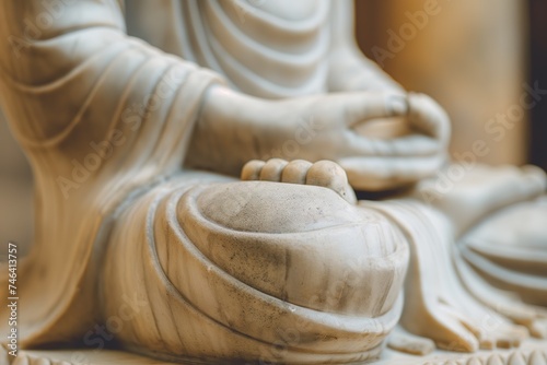 Close-up of a white Buddha statue with folded hands sitting on a table.