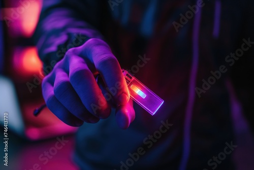 Close-up of a hand with finger gloves holding a lighter.