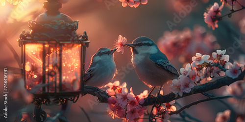Cute birds sitting on a cherry tree,