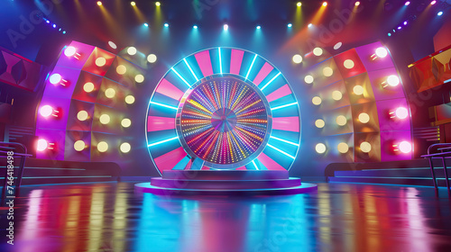 Colorful Game Show Wheel with Contestant Stands and Host Desk. Concept of Spinning Wheel, Prizes, and Entertainment