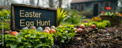 Rustic Easter Egg Hunt signboard surrounded by fresh spring greens and pastel colored eggs nestled in a garden setting, heralding a festive outdoor seasonal activity