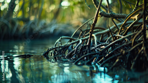 Detailed Shot of Mangrove Roots in the Florida Everglades, Displaying Root Structures. Concept of wetland ecosystems, mangrove forests, and coastal habitats