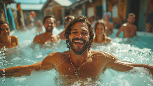 Capturing the Joyful Moments of a Group of Hipster Boys Having Fun in an Inflatable Pool