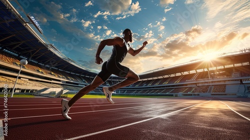Athlete runs on the stadium track, captured in motion blur during a lively competition