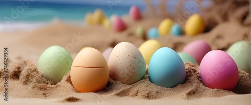 colourful easter egg on sandy beach. Colorful Easter Egg Hunt on Beach