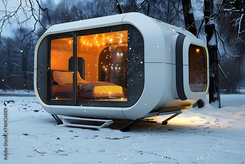 3D Futuristic capsule hotel in harmony with nature