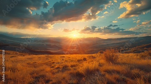 This landscape image captures the serene beauty of sun setting behind hills, casting a golden glow with a dramatic cloudy sky