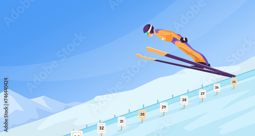 Trained sportsman wearing warm orange sport suit and goggles doing ski jumping on track. Picturesque landscape view. Snowy mountain in the background. Healthy lifestyle activity. Vector illustration