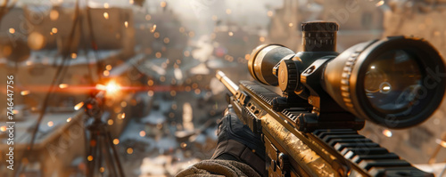 Close-up action of a first-person shooter game, enemy in the crosshair, tension-filled moment