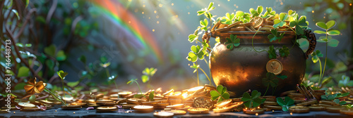 St. Patrick's Day background with shamrocks leaves and pot of gold. Pot of gold coins and clover leaves. St.Patrick's Day